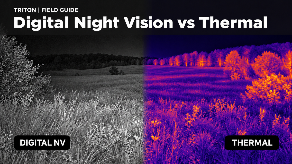 Illustrated comparison of a field at night: simulated digital night vision on the left and thermal imaging on the right.