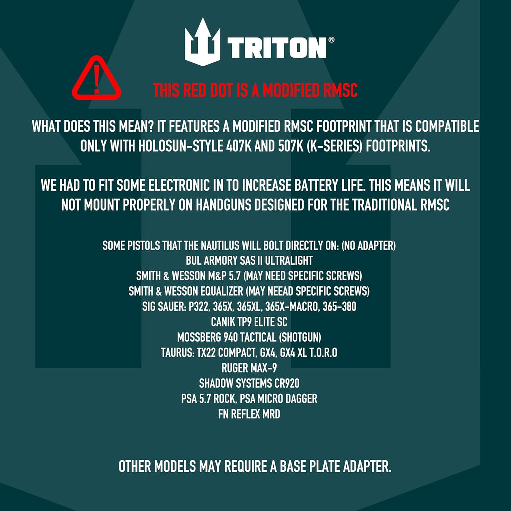 Triton Nautilus 3 MOA | 407K, 507K Footprint | Modified RMSc, NO Rear Recoil Lugs, NOT RMS Compatible | Parallax-Free Micro Red Dot Sight (MRDS) Featuring Shake Awake and 50K Hour Battery Life - Triton